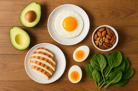A clean and modern flat lay of a ketogenic meal with avocado, eggs, grilled chicken, nuts, and fresh spinach on a rustic wooden table, bright natural lighting, healthy lifestyle vibe, high resolution