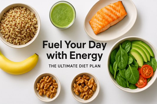 A clean, modern health and wellness banner featuring the text ‘Fuel Your Day with Energy – The Ultimate Diet Plan’. Background shows a vibrant flat-lay of healthy foods: quinoa bowl, grilled salmon, fresh salad with spinach and avocado, banana, walnuts, and green smoothie. Bright natural lighting, minimalistic style, fresh and energetic vibe, website hero banner aesthetic