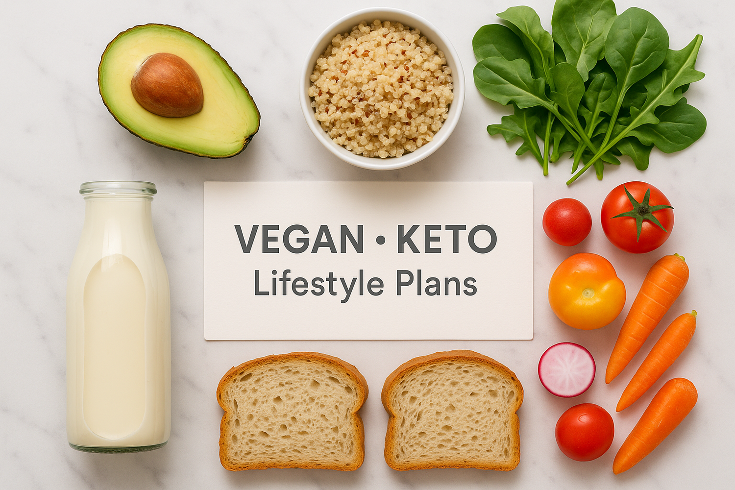 Bright minimal flat lay of vegan and keto foods: avocado, quinoa, fresh greens, colorful vegetables, almond milk, and gluten-free bread. A neat label card reading ‘Vegan • Keto • Lifestyle Plans’ on white marble background, fresh and modern