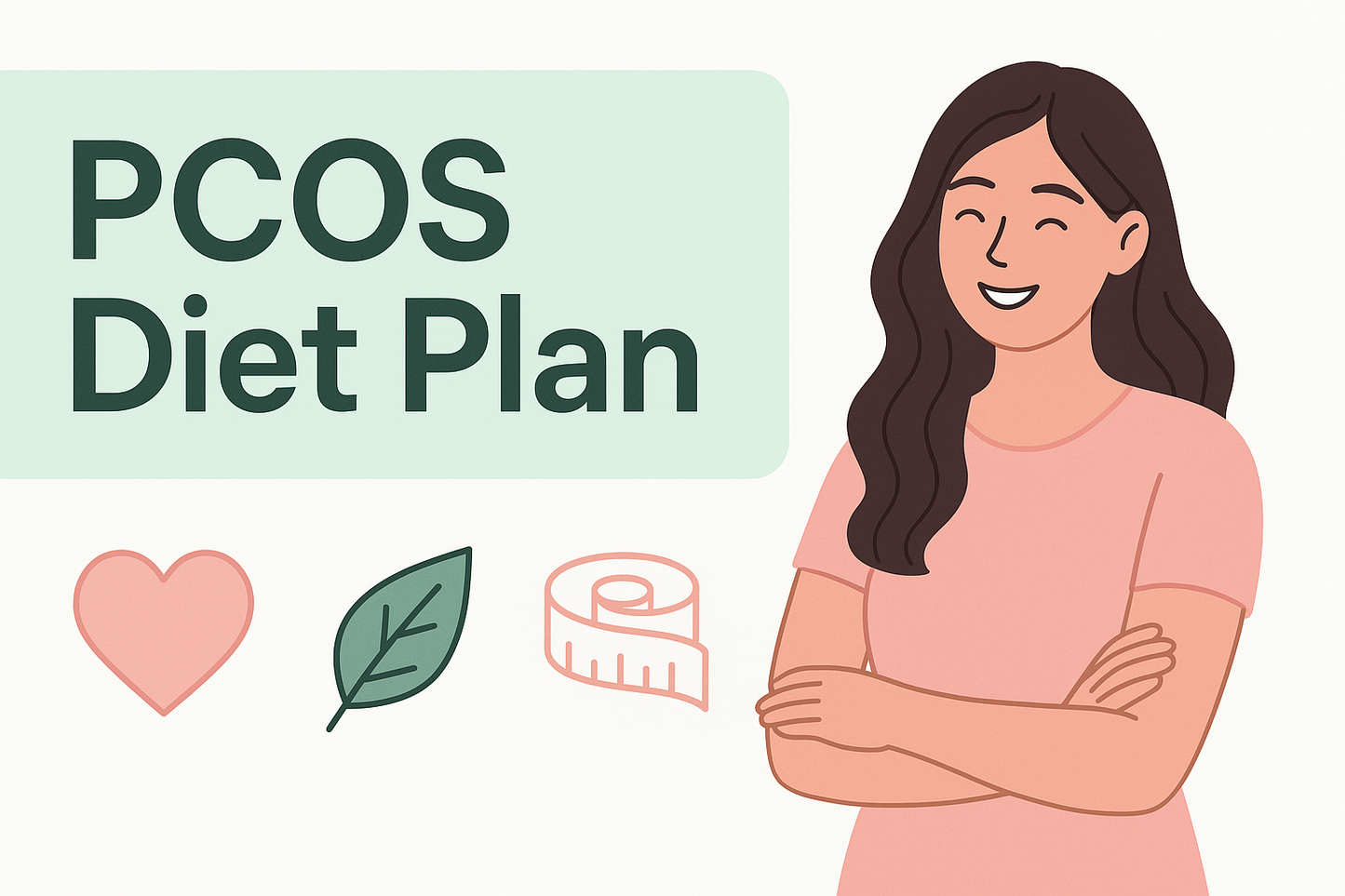 Create a clean, professional product banner with soft pastel colors (mint green or blush pink). Bold heading text: 'PCOS Diet Plan'. Add a happy, healthy woman illustration, with icons like heart, leaf, and measuring tape. Minimal, modern, easy to read.