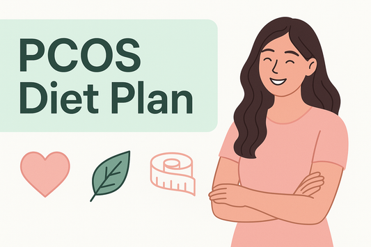 Create a clean, professional product banner with soft pastel colors (mint green or blush pink). Bold heading text: 'PCOS Diet Plan'. Add a happy, healthy woman illustration, with icons like heart, leaf, and measuring tape. Minimal, modern, easy to read.