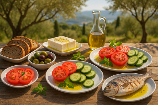 Elegant Mediterranean diet spread with olives, feta cheese, grilled fish, fresh tomatoes, cucumbers, whole grain bread, and olive oil on a rustic table outdoors, sunlit, warm and inviting atmosphere, healthy and heart-friendly meal