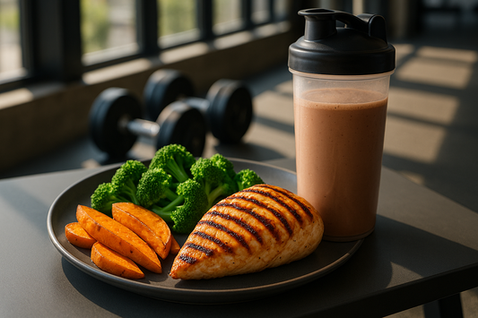 “High-protein fitness meal featuring grilled chicken breast, steamed broccoli, sweet potato, and a protein shake on a gym table, vibrant colors, strong natural lighting, emphasizing muscle building and workout nutrition