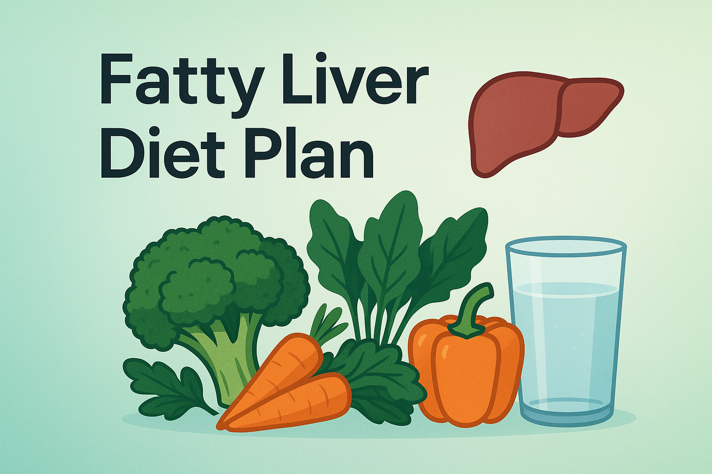 Professional medical banner, soft green/blue background. Bold heading: 'Fatty Liver Diet Plan'. Liver icon + fresh vegetables & water glass illustration. Clean, trustworthy look