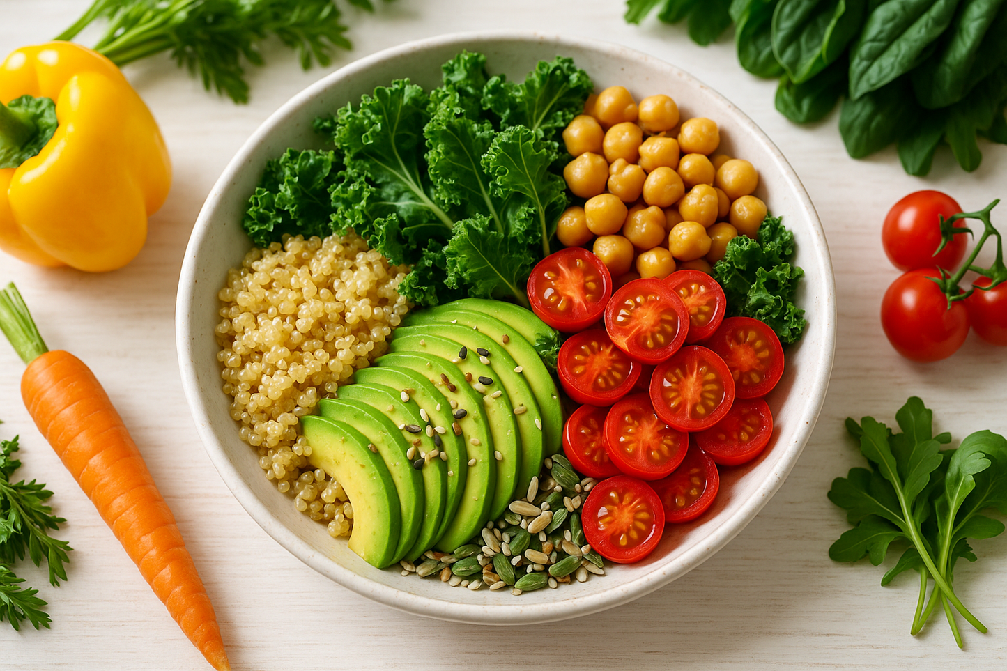 “Vibrant colorful vegan meal bowl with quinoa, chickpeas, avocado, kale, cherry tomatoes, and seeds, styled on a bright table with fresh vegetables around, natural light, fresh and wholesome plant-based food