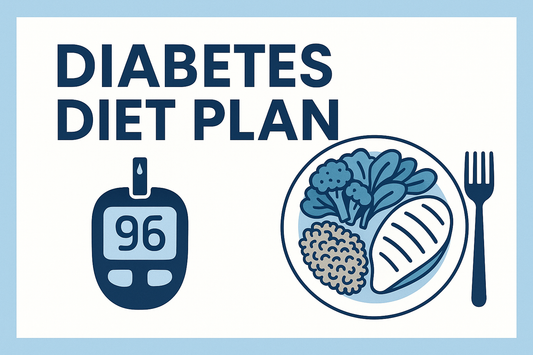 White + blue banner, bold heading: 'Diabetes Diet Plan'. Blood sugar monitor icon + plate with balanced meal. Clean, trustworthy medical style.